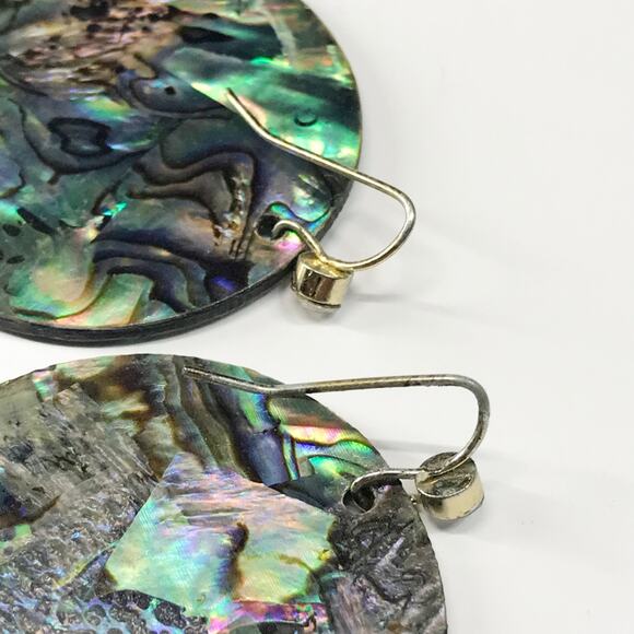 Vintage MOP Mother of Pearl Abalone Shell Round Disc Hook Earrings Oversized - Picture 9 of 9